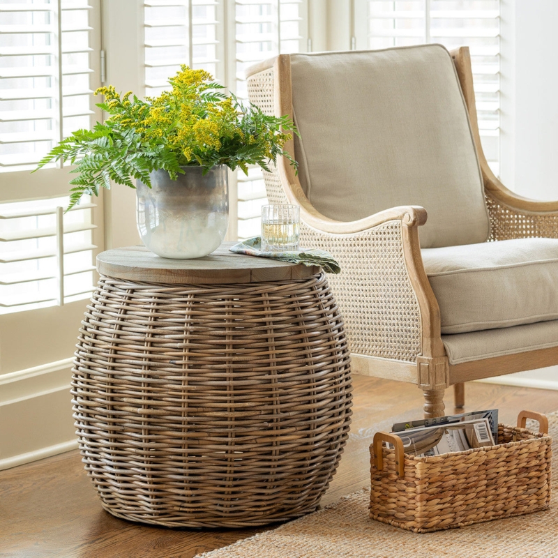 Rattan End Table Hourglass Pedestal Base Wood Top Natural Texture