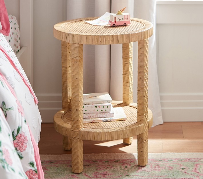 Rattan Side Table Open Base Vertical Slats Circular Airy Accent