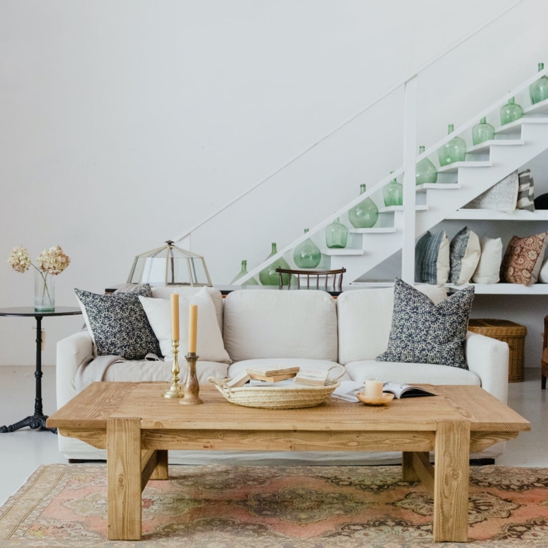Reclaimed Wood Coffee Table with Thick Block Legs and Plank Top