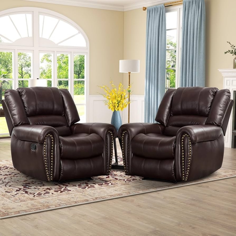 Recliner Chair Brown Button Tufted with Rolled Arms and Nailheads