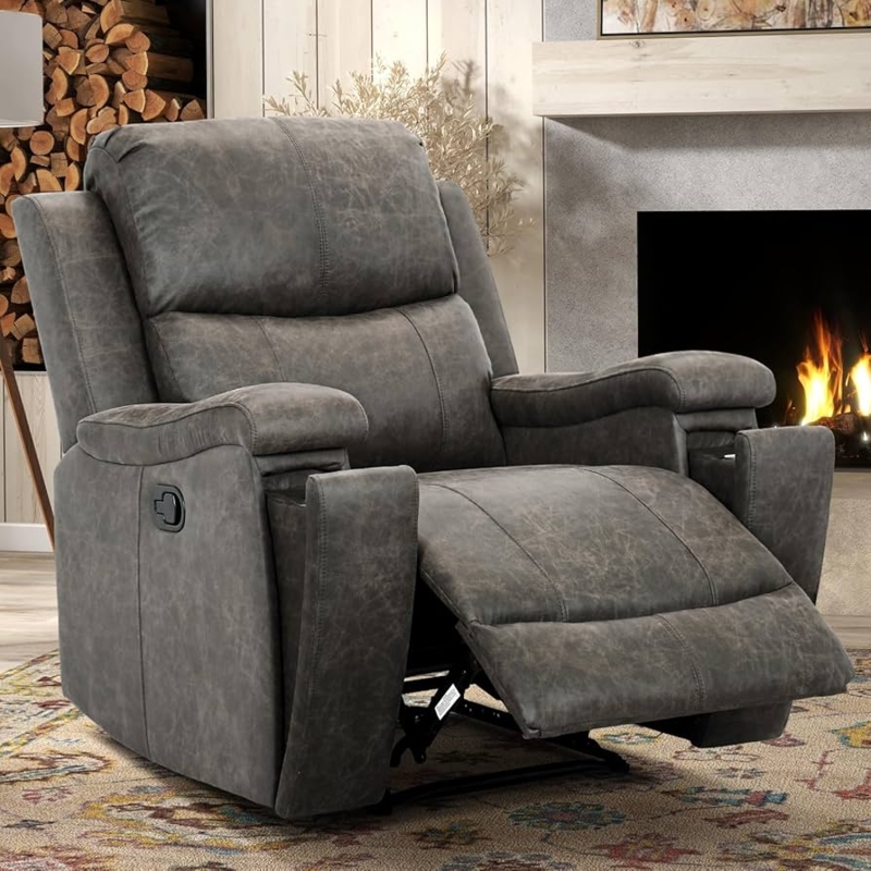 Recliner Chair Charcoal Grey Overstuffed with Cup Holders