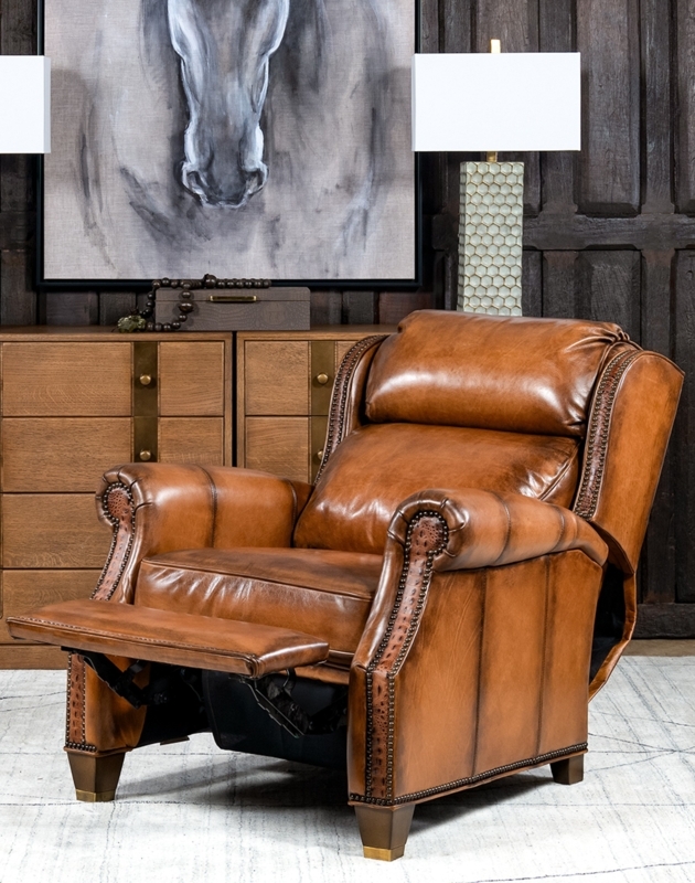 Recliner in Burnished Brown Leather with Winged Back & Rolled Arms