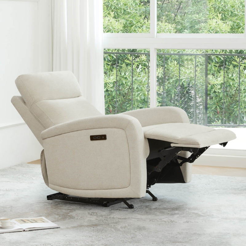 Recliner Power Tan Fabric with Adjustable Headrest Woven Texture
