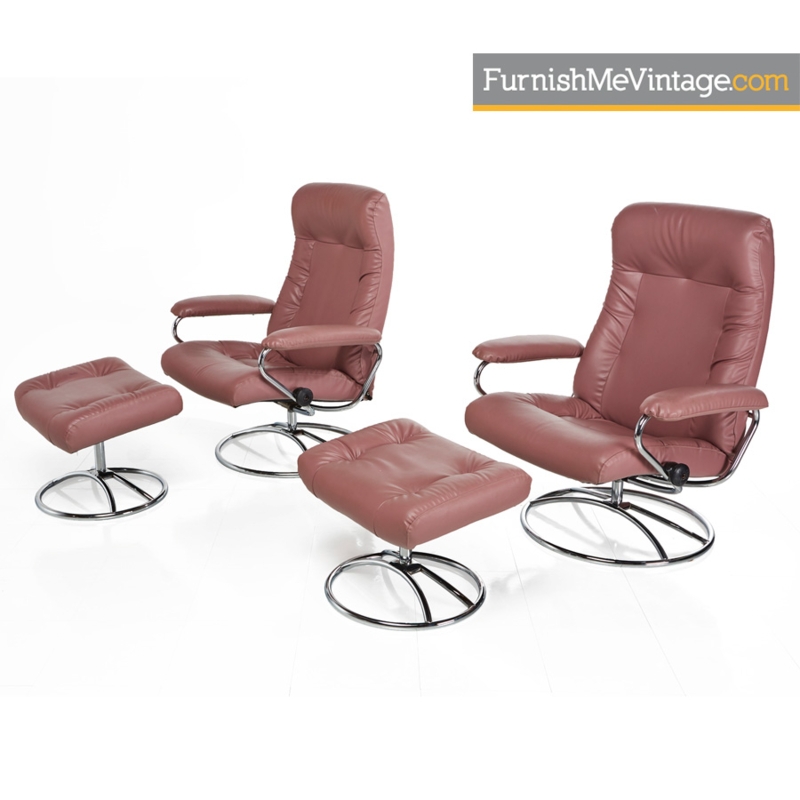 Recliner Set Rose Pink Chrome Pedestal Base Ottoman