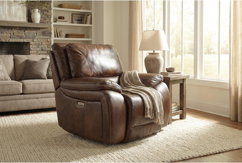 Reclining Chair with Track Arm Silhouette in Saddle Brown Upholstery