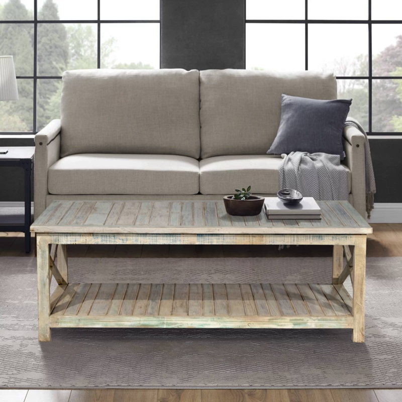 Rectangular Coffee Table Distressed Reclaimed Wood Chunky Legs Coastal