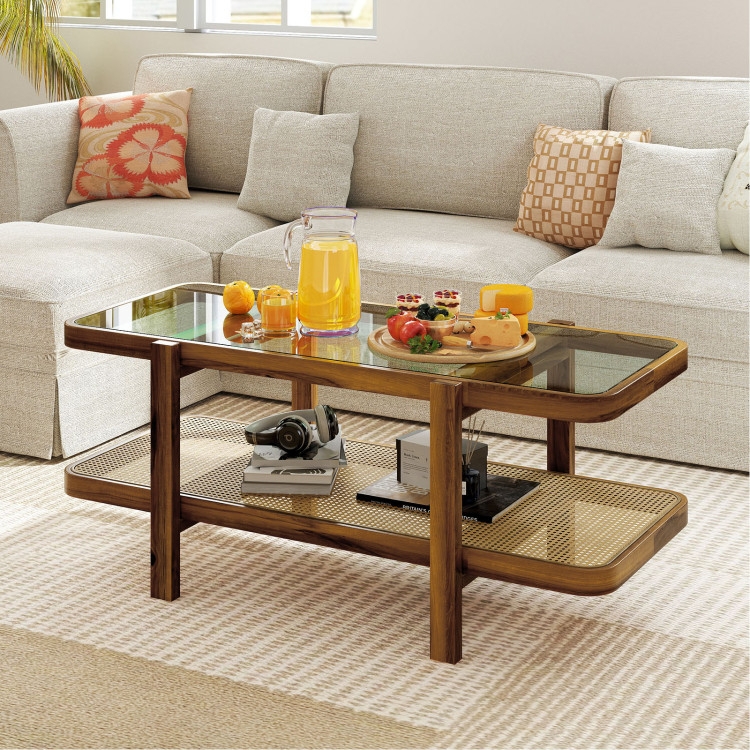 Rectangular Coffee Table, Modern Farmhouse Wood, Glass Top, Woven Shelf