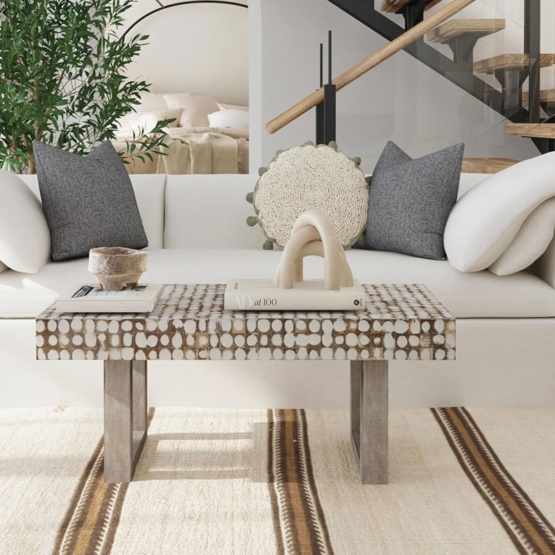 Rectangular Coffee Table Mosaic Shell Inlay Whitewashed Coastal Style