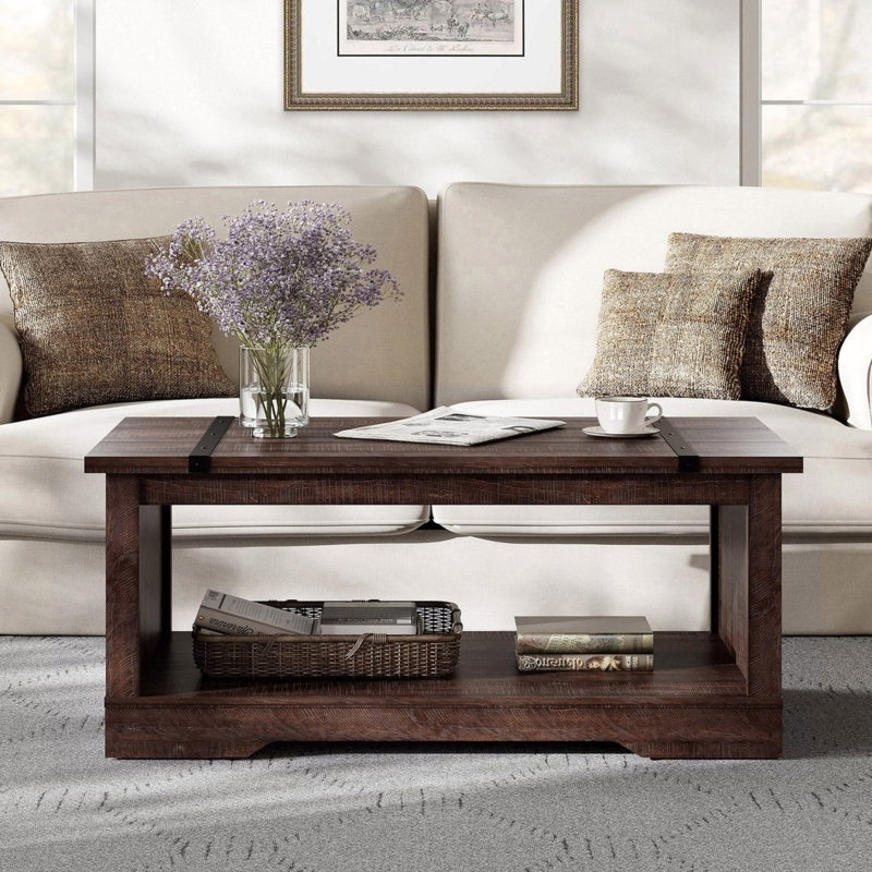Rectangular Coffee Table Open Storage Cubbies Rustic Brown