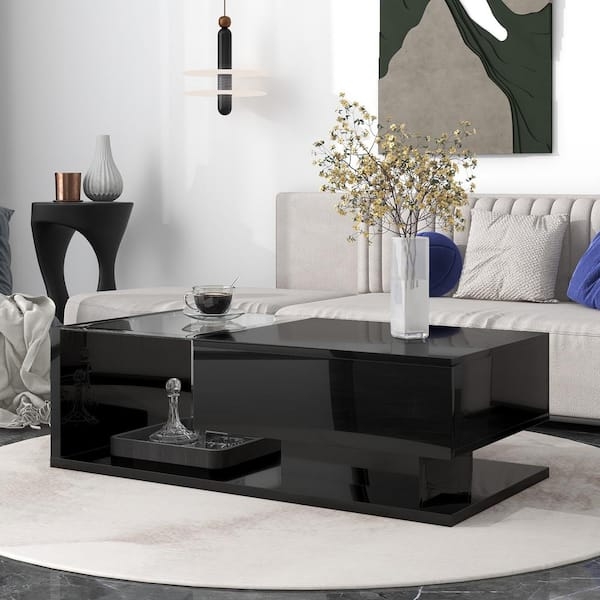 Rectangular Coffee Table Tempered Glass Shelf Block Legs