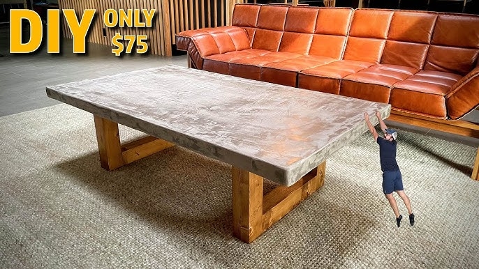 Rectangular Coffee Table Thick Stone-Look Top Tapered Wood Legs