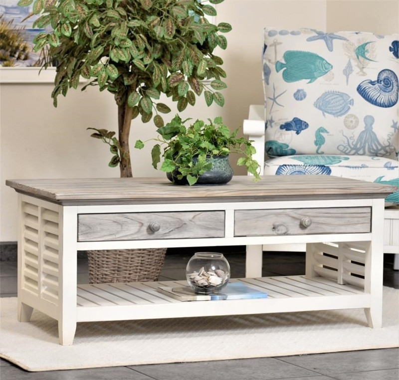 Rectangular Coffee Table Two Tone Slatted Sides Whitewashed Coastal