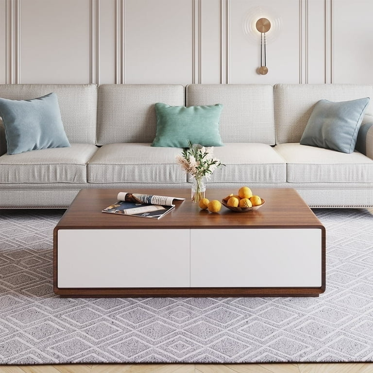 Rectangular Coffee Table with Metal Legs, Walnut and Stone Storage