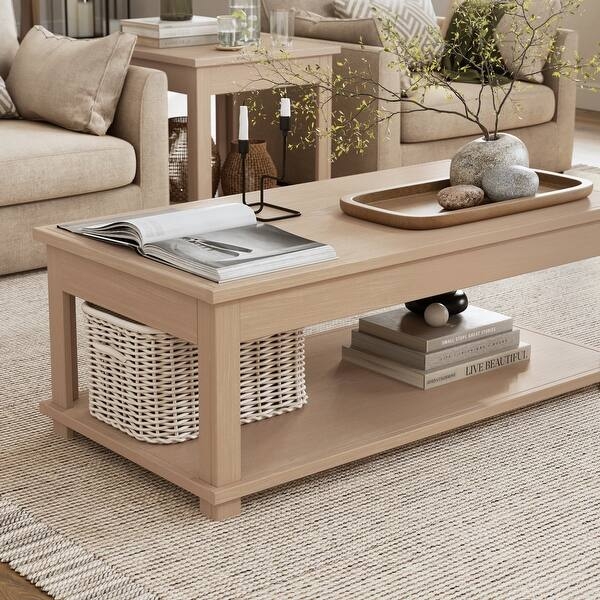 Rectangular Coffee Table with Thick Top, Dark Brown Pedestal Base