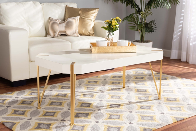 Rectangular Coffee Table with White Top and Brushed Gold U-Shaped Legs