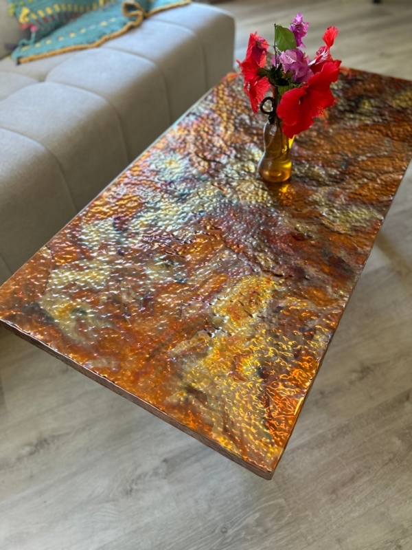 Rectangular Copper Table Colorful Patina Minimalist Black Metal Frame