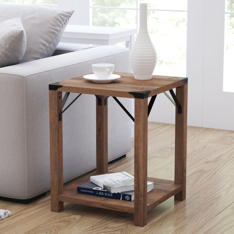 Rectangular End Table Rustic Oak Black Metal X-Side Accents Storage
