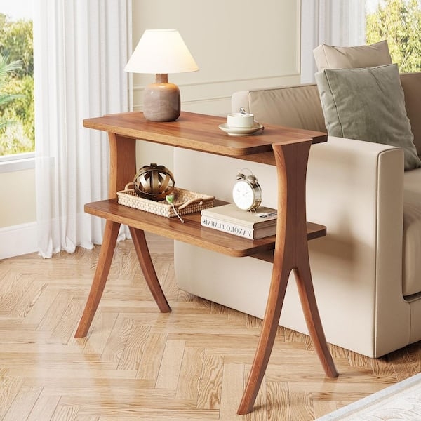 Rectangular End Table with Two-Tier Shelf and Matte Black Frame