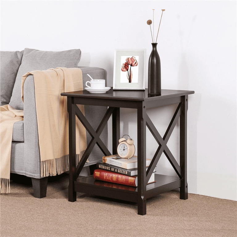 Rectangular End Table with X-Design Sides, Espresso Finish, Lower Shelf