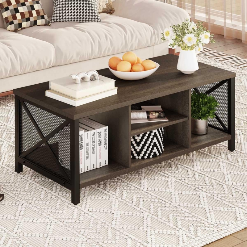 Rectangular Farmhouse Coffee Table Two-Tier X-Frame Sides