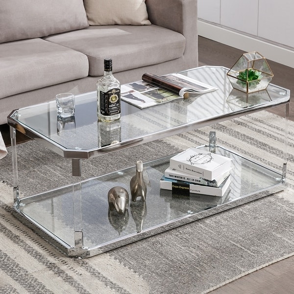 Rectangular Glass Coffee Table with Clear Acrylic Legs and Shelf