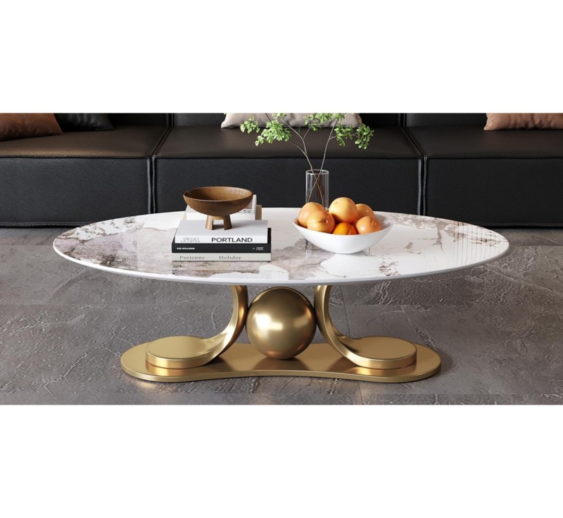 Rectangular Marble Look Top Coffee Table with Gold Metal Base