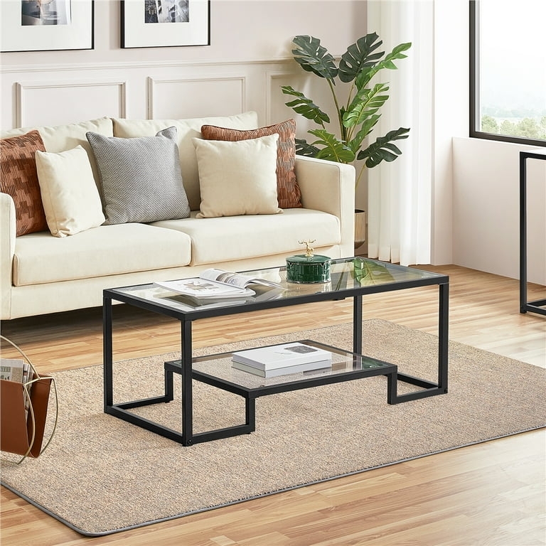 Rectangular Metal Frame Coffee Table Glass Top Wood Shelf Layers