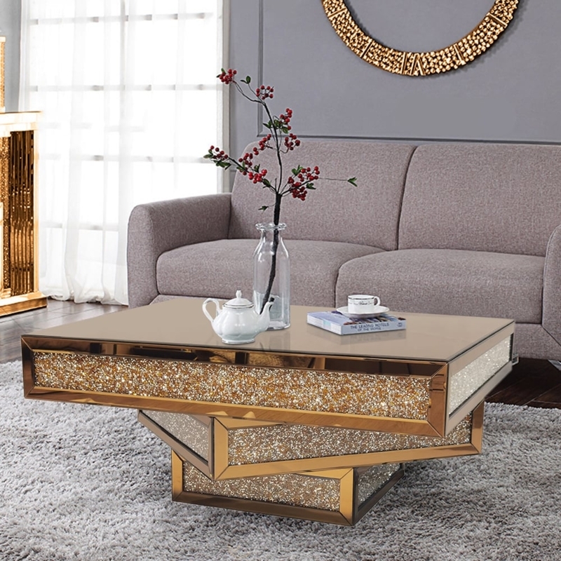 Rectangular Mirrored Coffee Table with Crushed Glass Inlay Border
