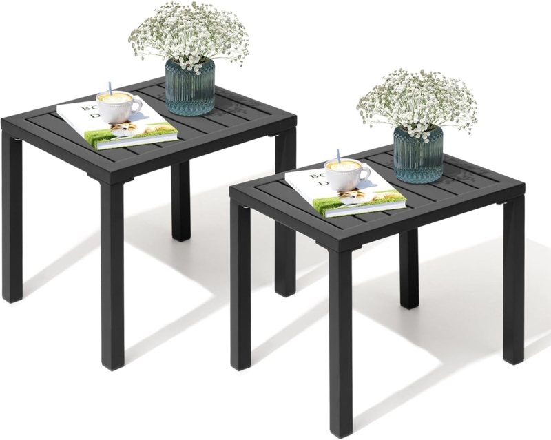 Rectangular Outdoor Side Table Black Metal Slatted Top Matte
