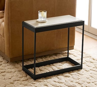 Rectangular Side Table Cream Stone Top Slim Metal Legs Transitional