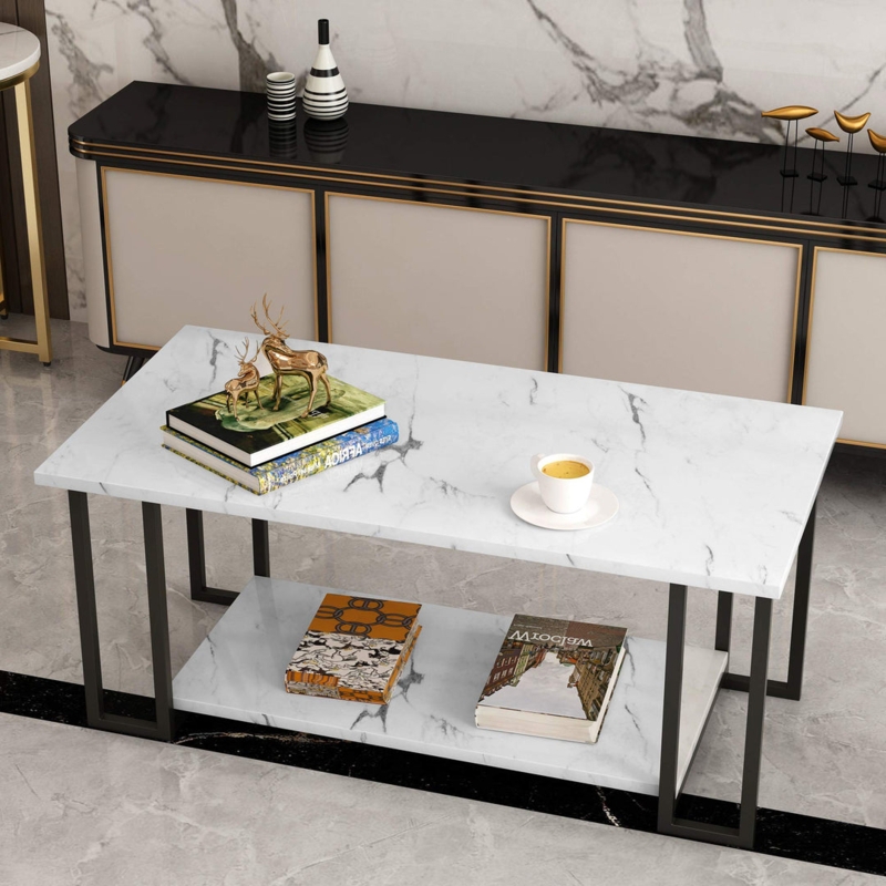 Rectangular Two-Tier Coffee Table with Black Metal Mesh Shelf