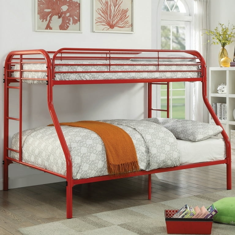Red Metal Twin-Over-Full Bunk Bed with Integrated Ladders