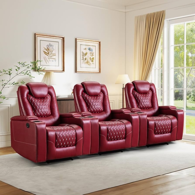 Red Power Recliner Set with Blue LED Lighting and Cup Holders
