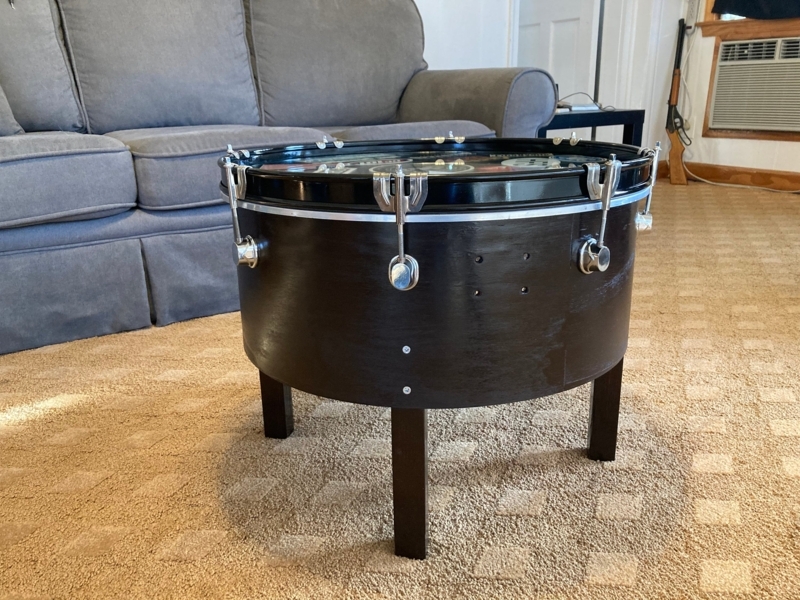 Repurposed Bass Drum Coffee Table White Sparkle Wrap Glass Top