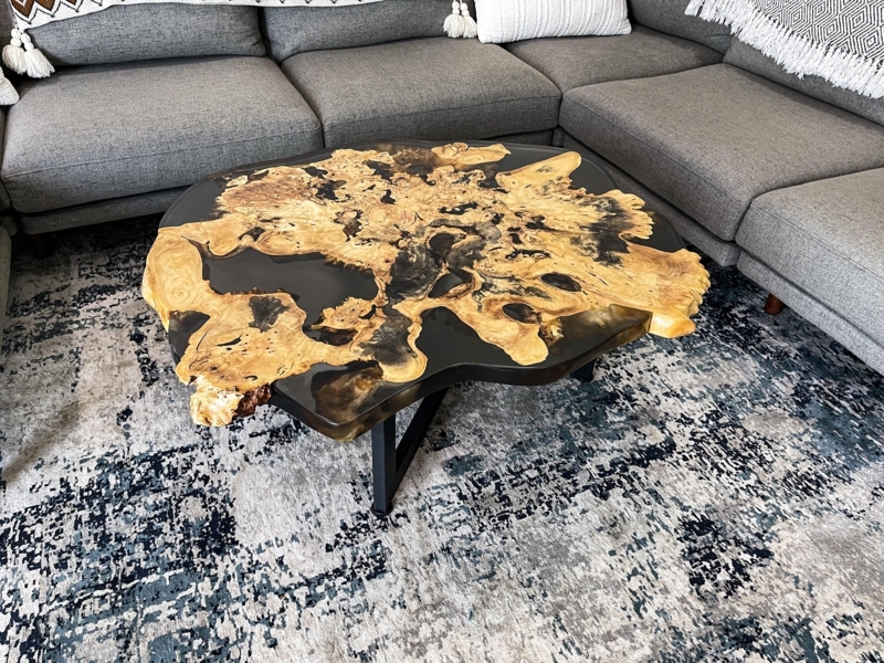 Resin River Coffee Table Blue Fill Hairpin Legs Live Edge Slabs
