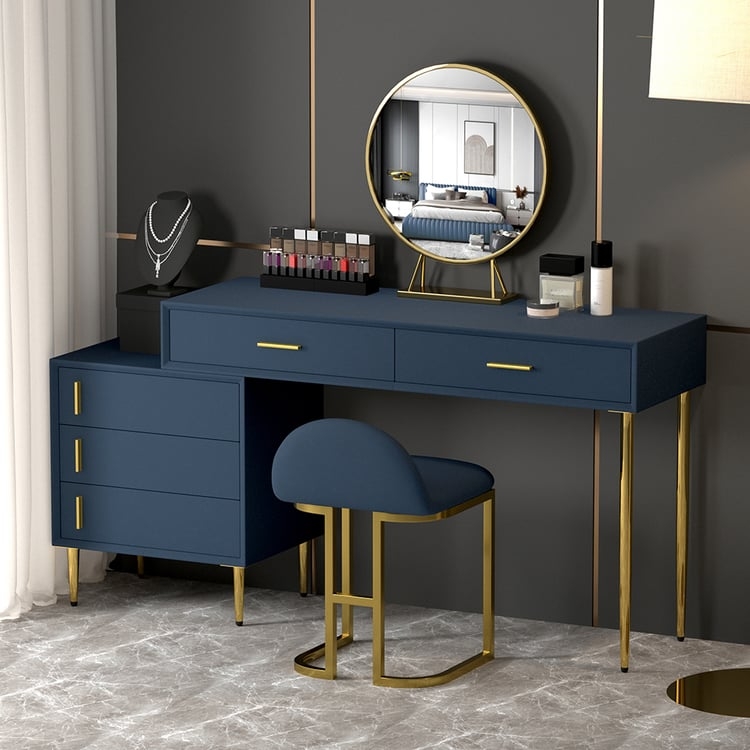 Retractable Makeup Vanity Set with Ribbed Navy Blue Finish