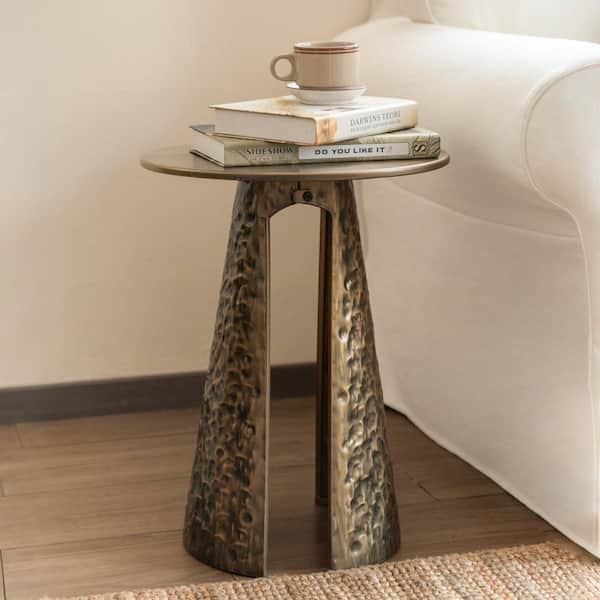 Retro End Table with Hammered Metal Finish and Drum Silhouette