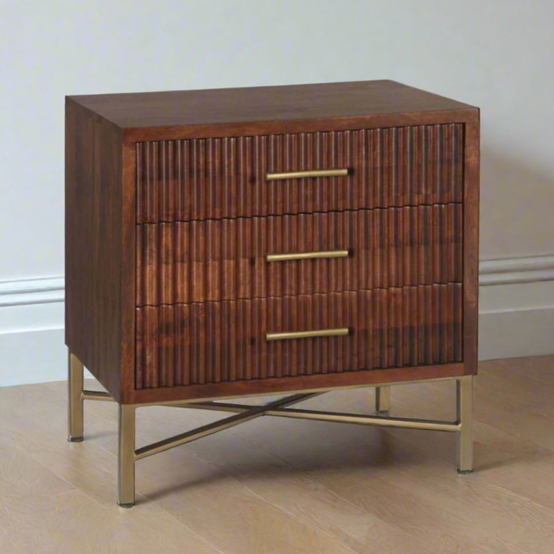 Retro Mango Wood Bedside Table, Tapered Legs, Integrated Finger Pull