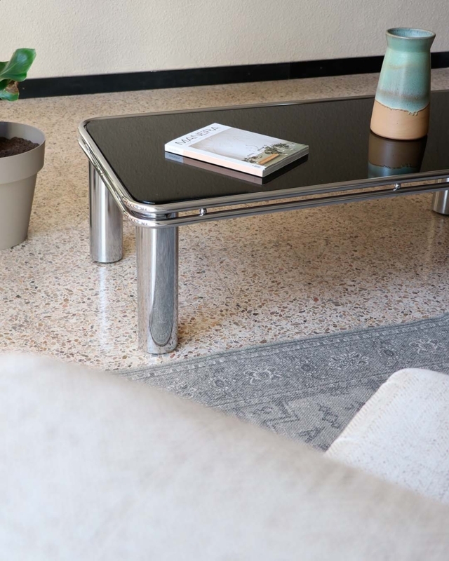 Retro Rectangular Coffee Table with Mirrored Shelf and Caster Wheels
