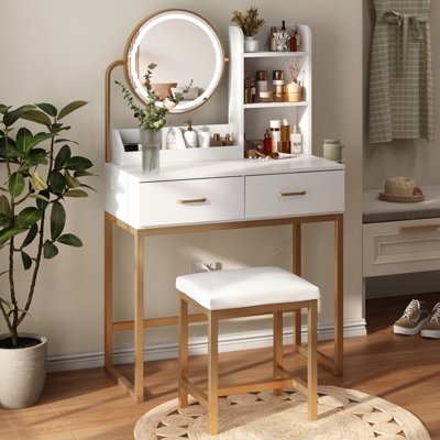 Ribbed Drawer Makeup Station with Lighted Circular Mirror