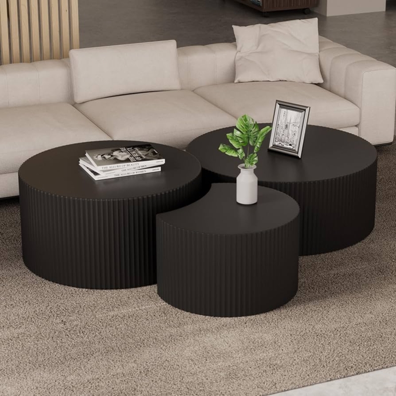 Ribbed Drum Coffee Table Set, Matte Black Nesting Design