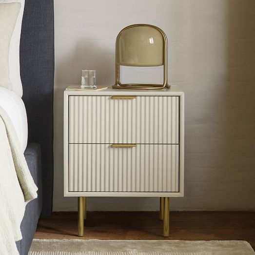 Ribbed Front Nightstand Antique Brass Base Modern Grey Bedroom Decor
