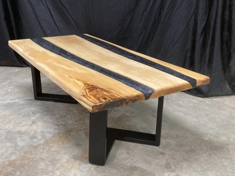 River Coffee Table Blue Resin Live Edge Wood Industrial Base