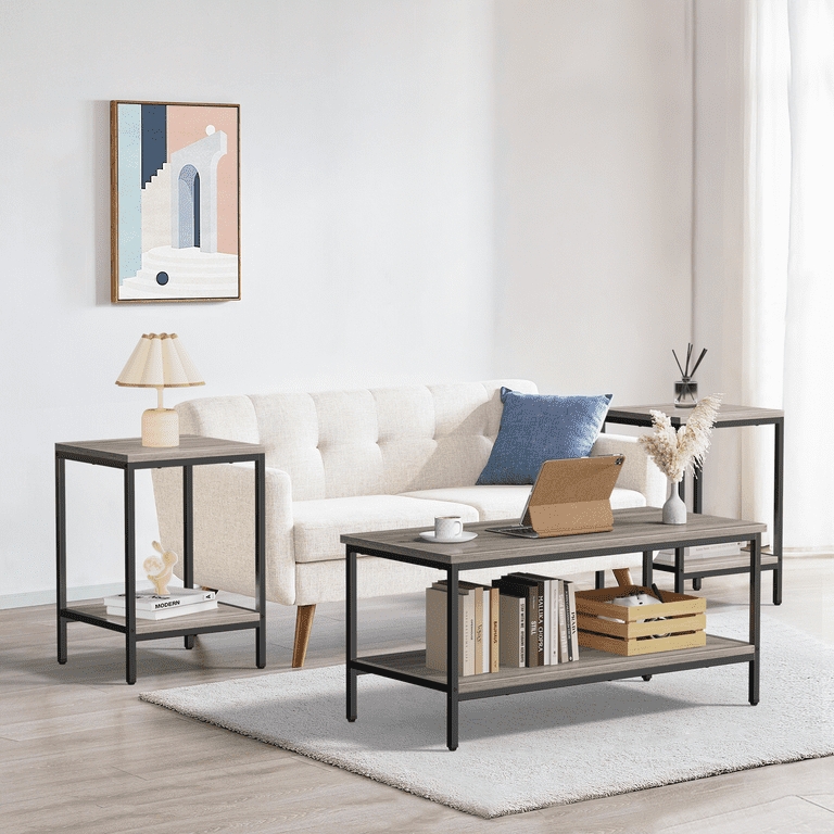Rock Gray 3-Piece Table Set with Stone Texture and Block Legs