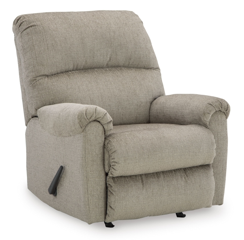 Rocker Recliner Chair in Neutral Taupe Upholstery with Pillow Top Arms