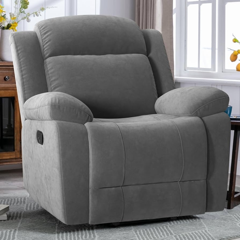 Rocker Recliner Grey Overstuffed Pillow Top Arms Cozy Reading Corner