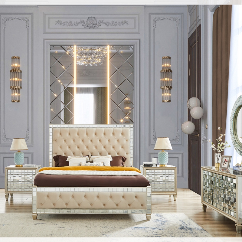 Rococo Style Bedroom Set with Gilded Scrollwork and Tufted Headboard