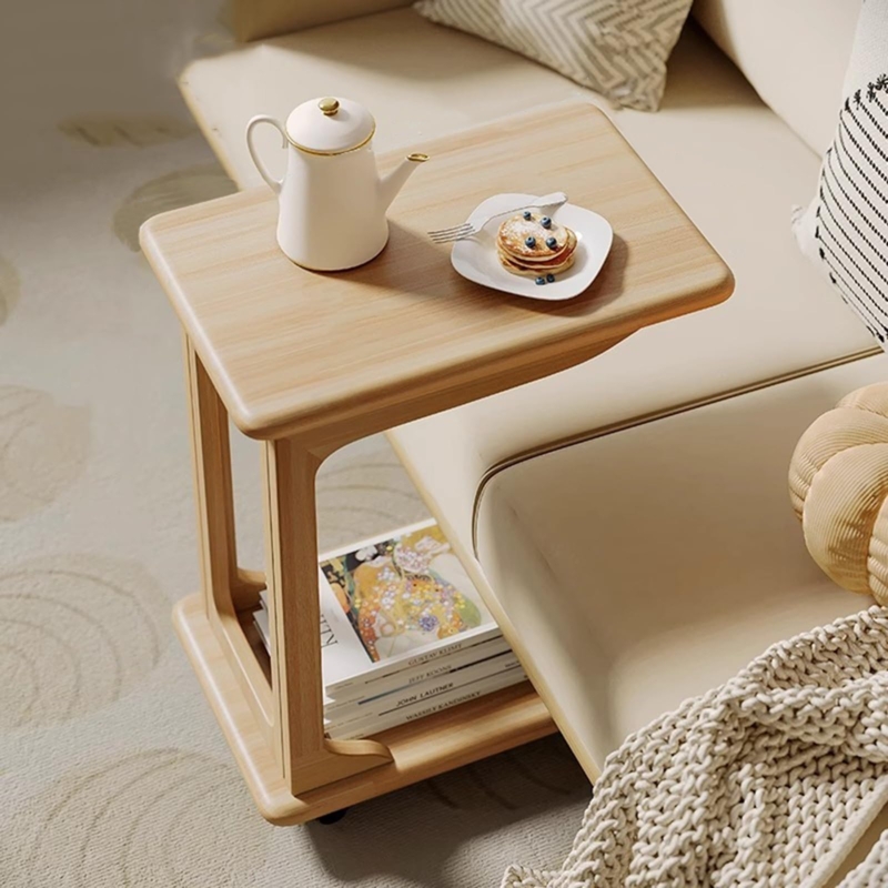 Rolling C-Shaped End Table in Cherry Brown Finish with Rounded Corners