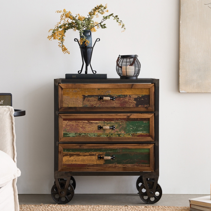 Rolling Industrial Nightstand with Three Wood Drawers and Caster Wheels