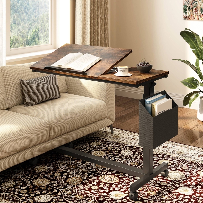Rolling Side Table with Storage Pocket, Adjustable Height, Rustic Brown